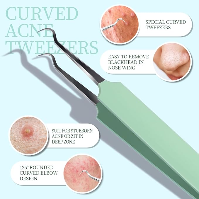 Teenitor 7 Pcs Surgical Grade Blackhead Remover Tools and Pimple Popper Tool Kit, Ingrown Hair Tweezers, Blackhead Tweezers, Precision Tweezers, Pimple Extractor, Light Green