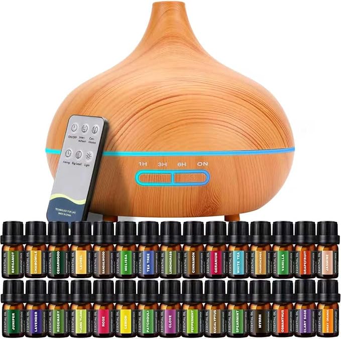 550 ML Aroma Diffiser with Essential Oils Set, Essential Oil Diffuser with Remote, Ultrasonic Technology Aromatherapy Diffusers Auto Shut-Off for Office, Home