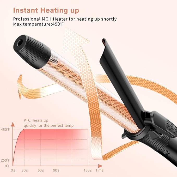 1 Inch Curling Iron with Clipped Tourmaline Ceramic Barrel Professional 1.25 Inch Hair Curler up to 450°F Dual Voltage for Traveling 60 Mins Auto Off Suit for Different (Black, 1 inch)