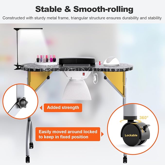 Portable Nail Table for Nail Tech on Wheels, Foldable Professional Manicure Table Travel Nail Desk with LED Lamp/Dust Collector/3 Dust Bags/Wrist Cushion/Storage Bag, Black