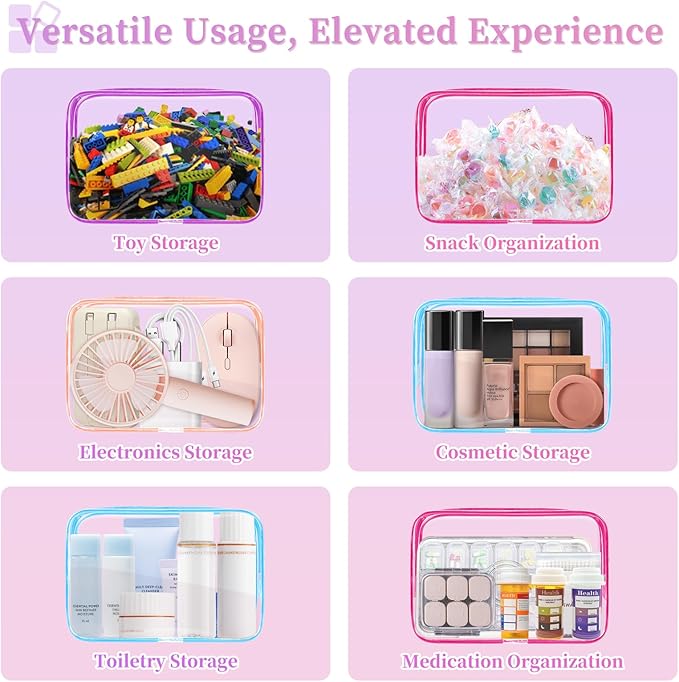 TISRATOK 12 PCS Clear Makeup Bag for Women with Zipper, TSA Approved Toiletry Pouch, Cosmetic Bag Bulk for Travel Organizer Essentials - Multicolor, Medium