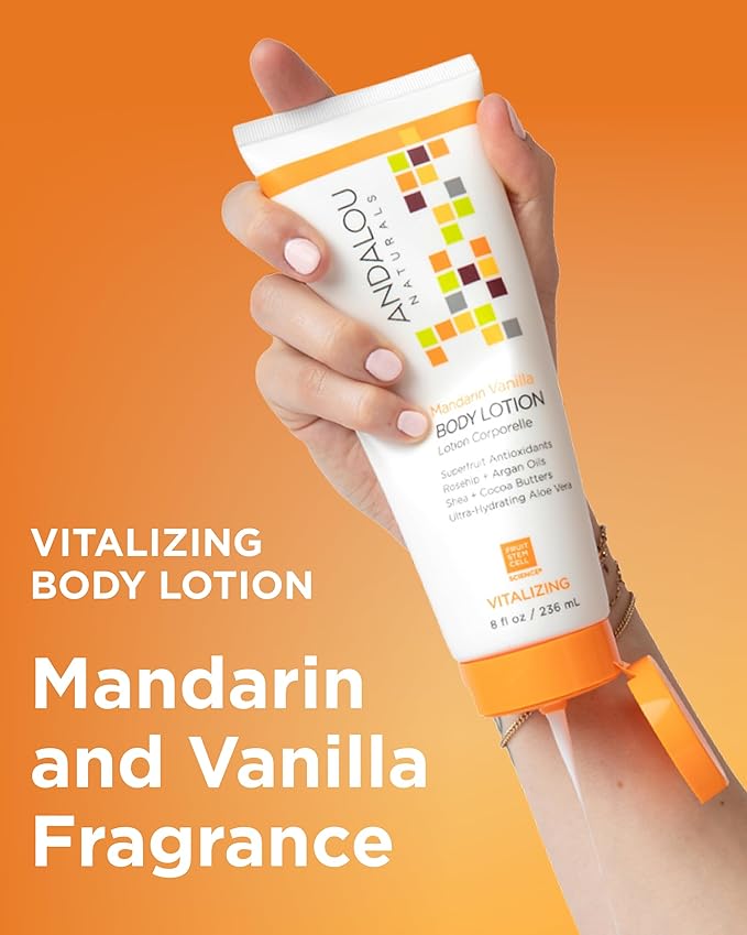 Andalou Naturals Vitalizing Body Lotion Mandarin Vanilla - Hydrating Daily Moisturizer to Nourish Dry Skin - With Shea Butter, Cocoa Butter, Rose Hip Oil, Argan Oil, & Aloe Vera - 8 fl oz