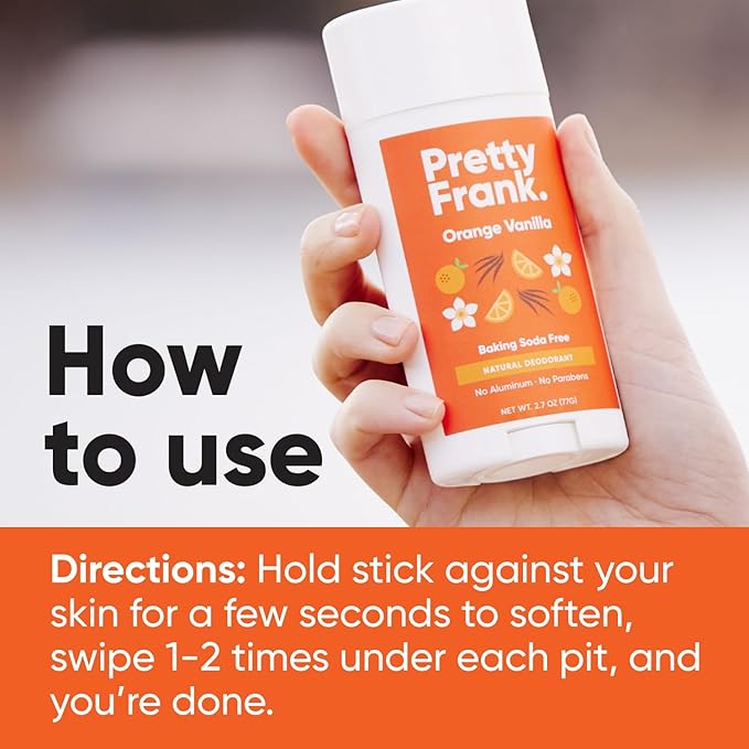 Pretty Frank Natural Aluminum-Free Deodorant Stick, Baking Soda-Free, Orange Vanilla (1-Pack) | Sensitive Skin Friendly, Effective Odor Control for Women & Men, Organic Ingredients and Essential Oils