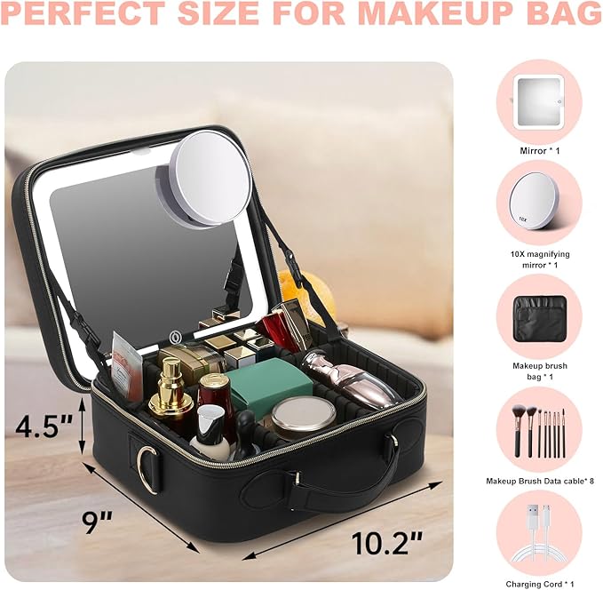 Mocado Travel Makeup Bag with LED Lighted Mirror,Travel Makeup Organizer,Makeup Case with 8 Makeup Brushes and 10x Magnifying Mirror,3 Colors Lighting, Adjustable Dividers Makeup Box(Black)