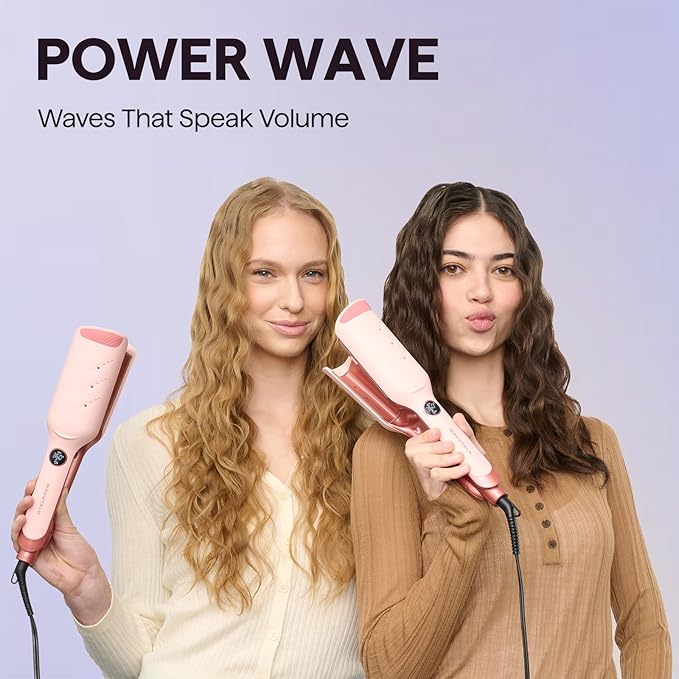 Wavytalk Power Wave Hair Crimper, Curling Iron Waver for Women, Beach Waves Curling Wand, Ventilation Design for Less Damage, Ionic Reduces Frizz, Lightweight Curler, Dual Voltage Crimping Iron, Pink