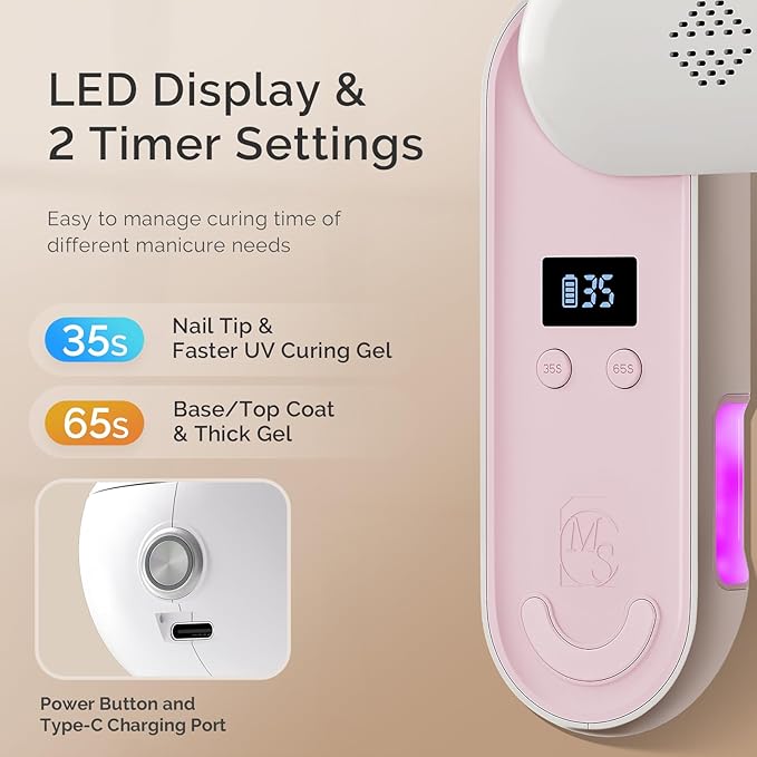 MelodySusie Compact Cordless UV Nail Lamp, P-PLUS20F with Innovative Rotatable Panel & UV Protection Design, Rechargeable UV Light Cures All Gels, Especially Rhinestone Glue & Liner Gel Polish Pink