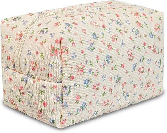Quilted Makeup Pouch,Cotton Puffy Makeup Bag, Coquette Cosmetic Bag for Women and Girls, Aesthetic Organizer Bag, Cute Flower Travel Toiletry Bag