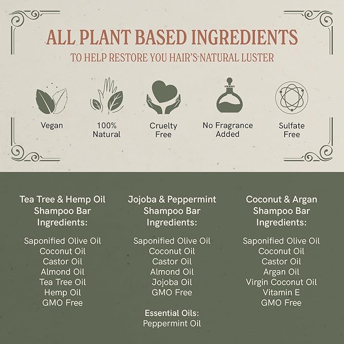 J·R·LIGGETT'S Shampoo Bar - Tea Tree, Jojoba & Peppermint, Coconut & Argan Oils - All Natural Solid Shampoo Bar, Sulfate-Free, Gmo-Free, Nourish Hair with Antioxidants and Vitamins, 3.5 Oz - 3 Pack