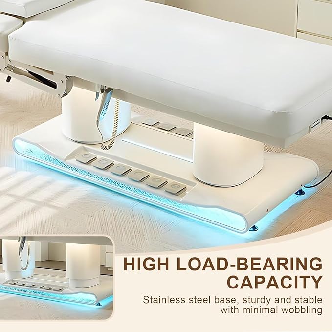 4.0 Electric Massage Table (Multi-Functional Adjustment)(Heating Function)(Foot Control)(Ice-Blue Ambient Light Base), Lash Bed with Modern Ergonomic Design
