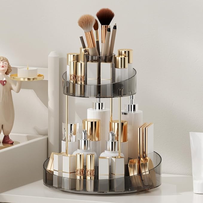 2 tier Makeup Organizer Countertop,360 Rotating Makeup Organizer for Skincare, Lipstick and Perfumes,Multi-function Cosmetic Display Cases for Vanity,Bathroom,Grey
