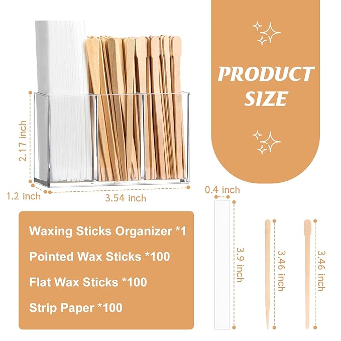 300 Pcs Eyebrow Wax Sticks and Strips Wax Applicator Sticks with 3 Compartments Wax Strips Organizer Flat Waxing Spatulas Small Eyebrow Strip Paper for Lip Nose Body