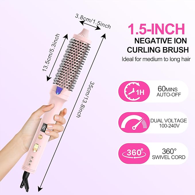 K&K 1.5 inch Blowout Look -Thermal Brush Creates Root Volume & Loose Curls Volume Curls Dual Voltage Cool-AIR TECH Hair Styling Tool