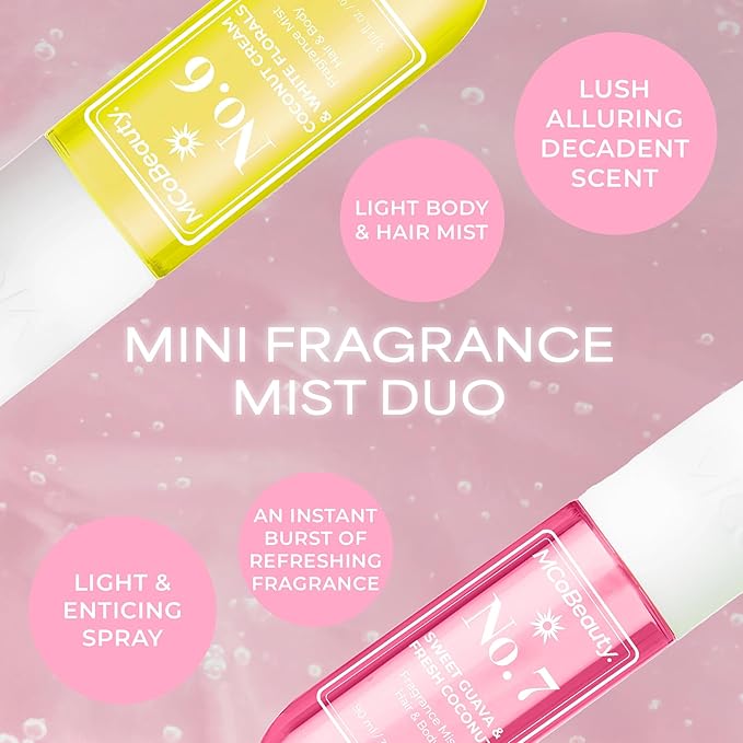 MCoBeauty - Mini Fragrance Mist Duo, No. 6 & No. 7, Limited Edition Travel-Size Body & Hair Perfume Sprays with Tropical Coconut & Guava Scents - Holiday Collection, Cruelty Free Fragrance Gift Set