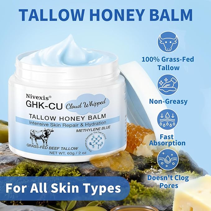 Methylene Blue Whipped Beef Tallow for Skin, Grass Fed Beef Tallow and Honey Balm for Face & Body, with Copper Peptides GHK-Cu Anti-Aging Moisturizer, Suitable for All skin types, 2 Oz