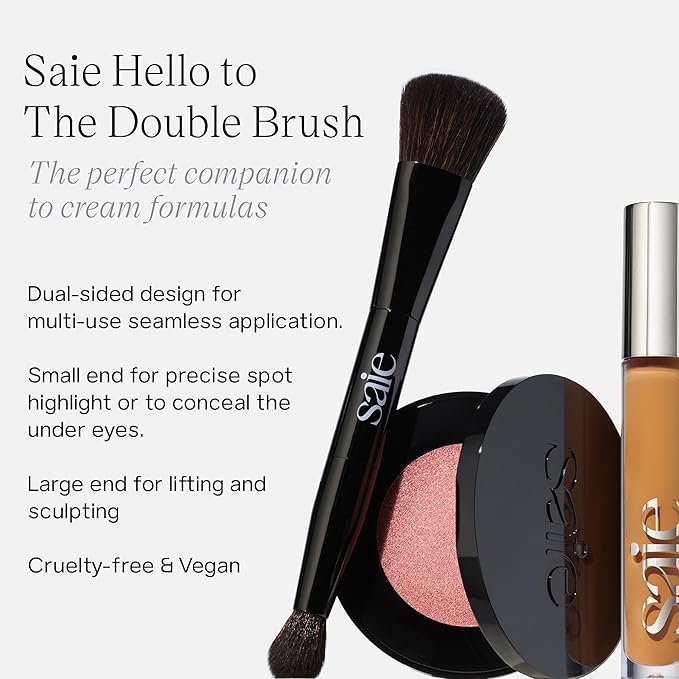 Saie The Double Brush - Dual Ended Makeup Brush For Powder and Cream Formulas - 2 Ultra-Soft Makeup Brushes in 1 for Precise + All-Over Application - Conceal, Highlight, and Sculpt - Vegan (1 Count)