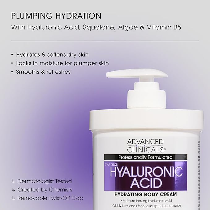 Advanced Clinicals Hyaluronic Acid Moisturizer Body Cream | Hydrating Cream & Body Lotion For Women & Men To Help Improve Look of Wrinkles, Stretch Marks, Dry Skin, & Crepey Skin, 16OZ + Travel Size