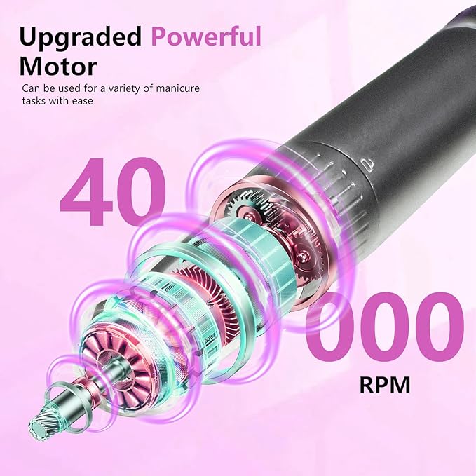 BETE Professional Nail Drill, 40000 RPM Cordless Electric Nail File Kit with 6 Bits, Rechargeable Efile for Acrylic Gel Nails Polishing, Manicure Tools for Salon Home Use, Rose Red