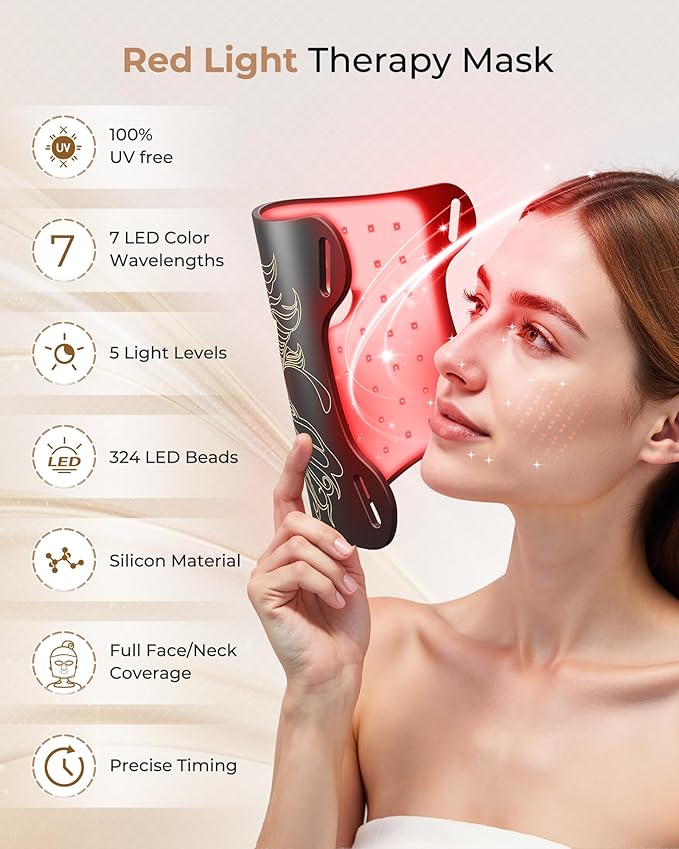 LED Light Therapy mask (E106A) Red Light Therapy for Face and Neck, 7-in-1 Colors Led Face Mask Light Therapy with 324 LED Beads, 5 Brightness Levels & 20 Mins Timer Function for Home & Travel