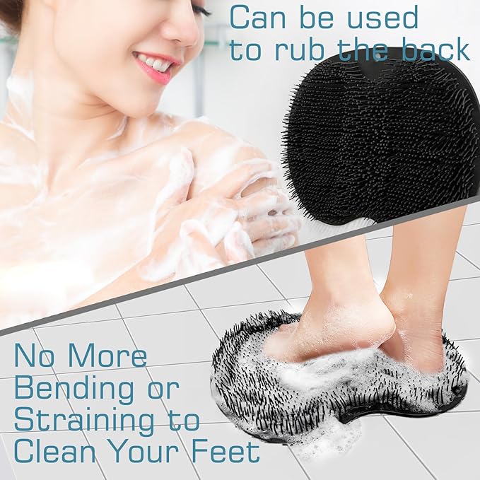 Shower Foot Scrubber Mat Back Washer Back Exfoliating Bath Wash Pad Wall Mounted Slip Suction Cups Foot Scrubber for Use in Shower Cups Foot Cleaner for Men and Women (Black)