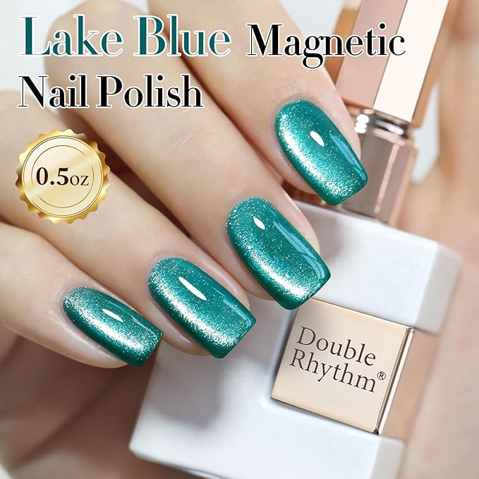 Double Rhythm 0.5 OZ Cat Eye Gel Polish with Magnet 15ML Holographic Glitter Shimmer Translucent Jelly Color Magnetic Gel Polish Salon DIY at Home (Teal-MC1027)