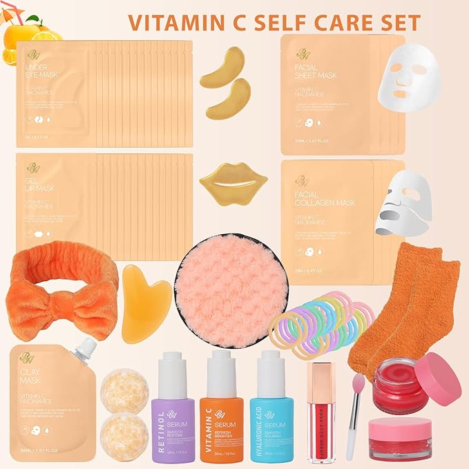 Orange Collagen Gel Overnight Mask Skin Care for Women, 55 Pcs Self-Care Spa Bath & Body Care Basket Gift Set, Face Sheet Mask, Under Eye Patches, Face Serum, Bath Bomb, Christmas, Mother Day, Dad