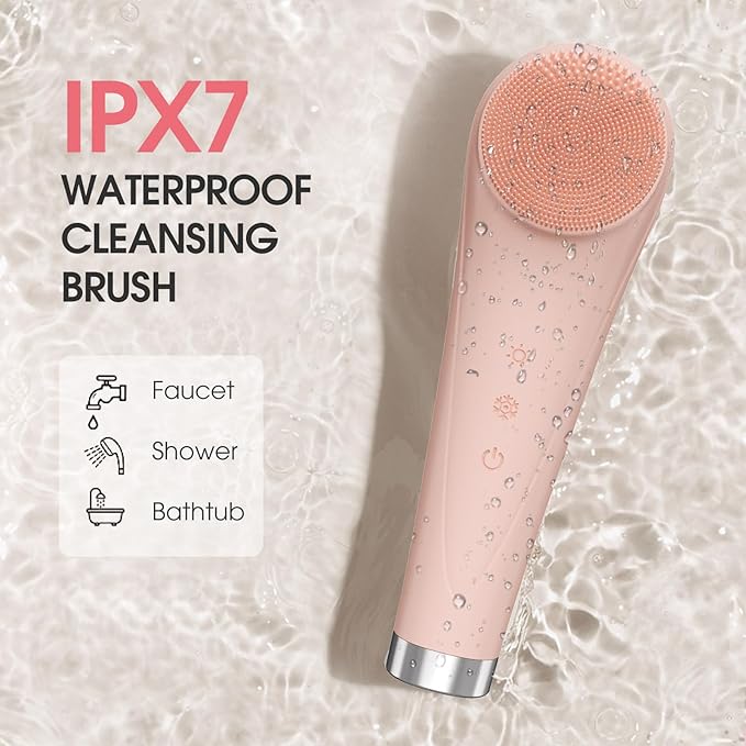 Facial Cleansing Brush,Silicone Face Scrubber,Pore Scrubber for Women Men,IPX7 Waterproof Exfoliating Face Brush,Rechargeable Electric Face Scrub,Pink