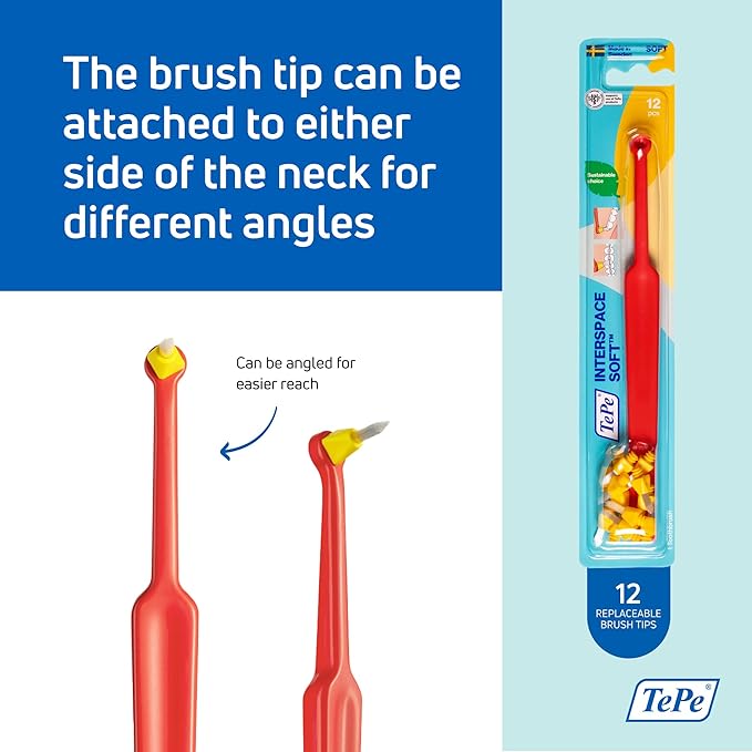 TePe Interspace Angled Soft Toothbrush for Braces with Single-End Tuft and Removable Head, 12 Pack