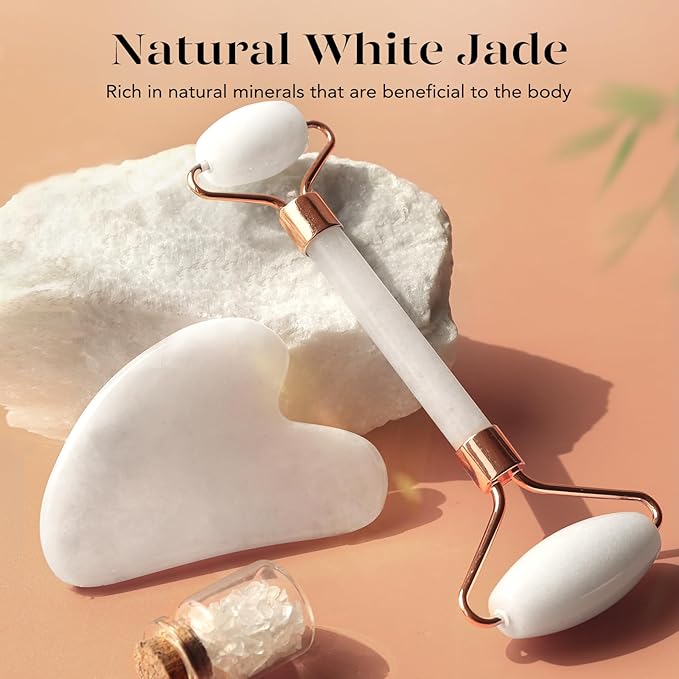 BAIMEI IcyMe Jade Roller & Gua Sha Set Face Roller and Gua Sha Facial Tools for Skin Care Routine and Puffiness, Self Care Gift for Men Women - White
