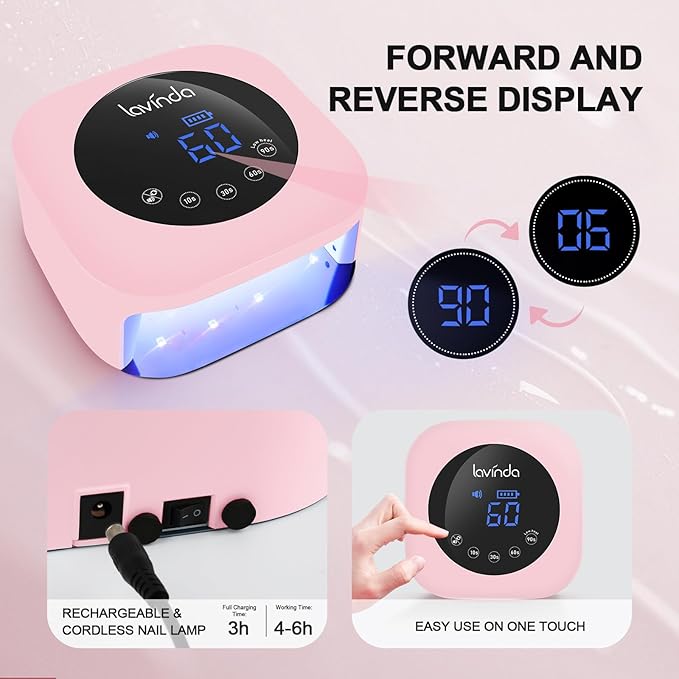 Lavinda UV LED Nail Lamp 54W Cordless Gel Nail Light, Rechargeable UV Lamp for Nails, Professional LED Nail Dryer with Timer & Display for Gel Nails Salon Home Use Matte Macaron Pink
