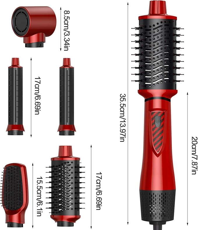 5 in 1 Air Styler Set & Hair Dryer Brush, Low-Speed Negative Ionic Hair Styler Drying, Multi Hair Styler, Professional Blow Dryer Brush for Curling Volumizing Straightening Styling (Red/Black)