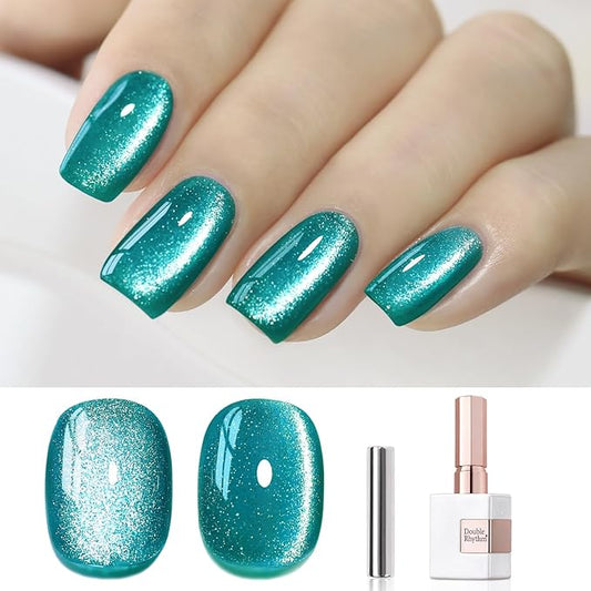 Double Rhythm 0.5 OZ Cat Eye Gel Polish with Magnet 15ML Holographic Glitter Shimmer Translucent Jelly Color Magnetic Gel Polish Salon DIY at Home (Teal-MC1027)