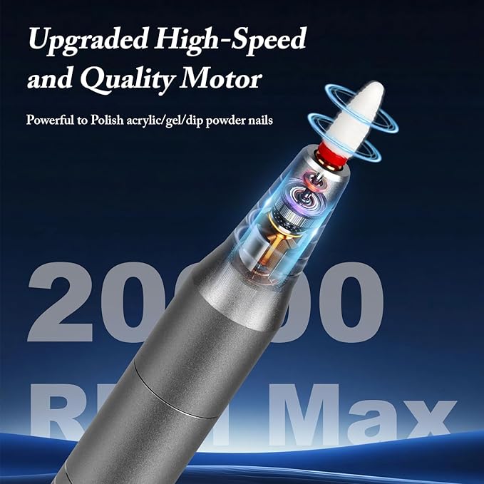 Electric Nail Drill, Ultra Quiet Low Vibration Electric Nail File, Portable Electric Nail File for Crystal Gel Nails, Manicure Pedicure Tools Polishing Set for Home and Salon Use (Grey)