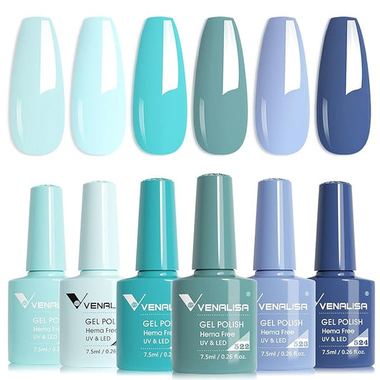 VENALISA Blue Gel Nail Polish Set, 6 Colors Light Blue Gel Polish UV Soak Off For Nail Salon DIY Home Manicure