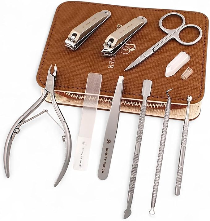 9 in 1 Professional Manicure Pedicure Set - Stainless Steel Nail Clippers, Nano File, Cuticle Nipper, Scissors, Tweezers, Travel PU Leather Case for Men & Women - Gift Ready Brown New