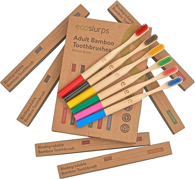 EcoSlurps 6 Bamboo Toothbrushes Multipack - Award Winning Round Handle Soft Medium Bristle Wooden Toothbrush Family Set Bulk (6 Pack)