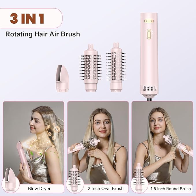 3 in 1 Rotating Hair Dryer Brush Spinning with Detachable Brush(2" & 1.5"),Negative Ionic Brush Blow Dryer 100-120V,3 Heats and 2 Speeds Rotating Hot Air Brush for Curling,Straight,Drying Electric