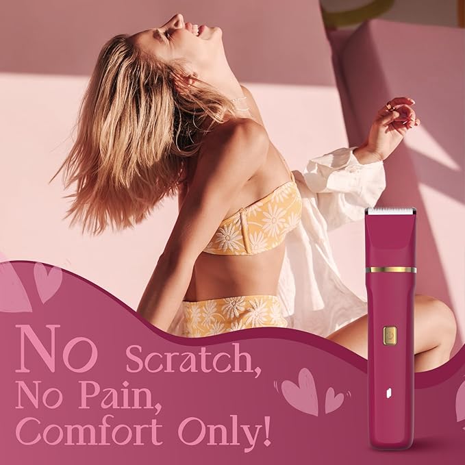 Bikini Razor for Women Men - Electric Waterproof Shaver Trimmer Hair Removal Groomer with Ceramic Blade Hypoallergenic USB Rechargeable Dock Wet Dry Body Facial Painless - Berry Red