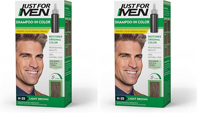 Just For Men Shampoo-In Color (Formerly Original Formula), Mens Hair Color with Keratin and Vitamin E for Stronger Hair - Light Brown, H-25, Pack of 2