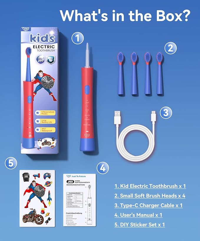 JTF Kids Electric Toothbrush Rechargeable: Sonic Tooth Brush with Smart Timer 5 Brushing Modes 4 Soft Small Brush Heads DIY Sticker and IPX7 Waterproof, Portable Children Toothbrushes for Boy, Ages 3+