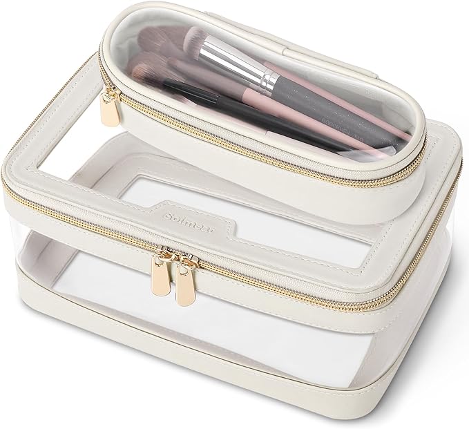 Travel Clear Makeup Bag with Makeup Brush Bag, Leather Make up Case Toiletry Bag, Portable Cosmetic Bag Case, Transparent Waterproof Cosmetic Organizer Storage Bag for Women, Off-White