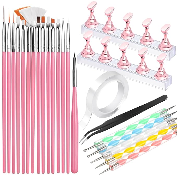 FANDAMEI Nail Art Tools, Nail Brush, 15 PCS Nail Art Brushes, 5 PCS Nail Dotting Tool, Nail Stand, Nail Holder For Painting Nails, Press On Nail Stand, Nail Tools, Nail Design Tools