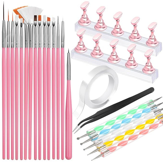 FANDAMEI Nail Art Tools, Nail Brush, 15 PCS Nail Art Brushes, 5 PCS Nail Dotting Tool, Nail Stand, Nail Holder For Painting Nails, Press On Nail Stand, Nail Tools, Nail Design Tools