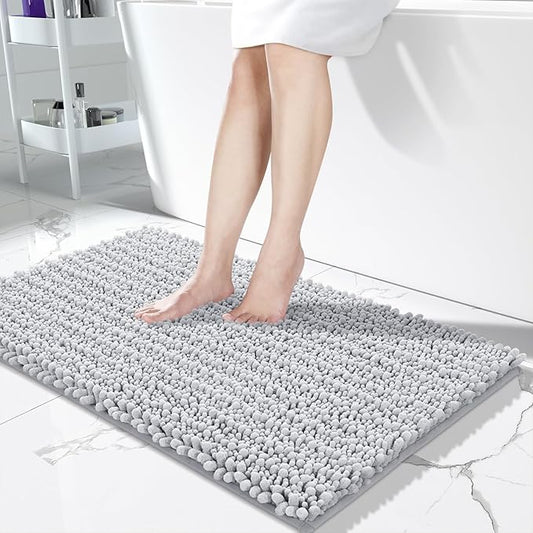Yimobra Long Bathroom Rugs Non Slip Washable 44x24 Inch - Ultra Soft Absorbent Chenille Bath Mat, Quick Dry Shaggy Floor Carpet for Tub Shower, Silver Home Decor Accessories