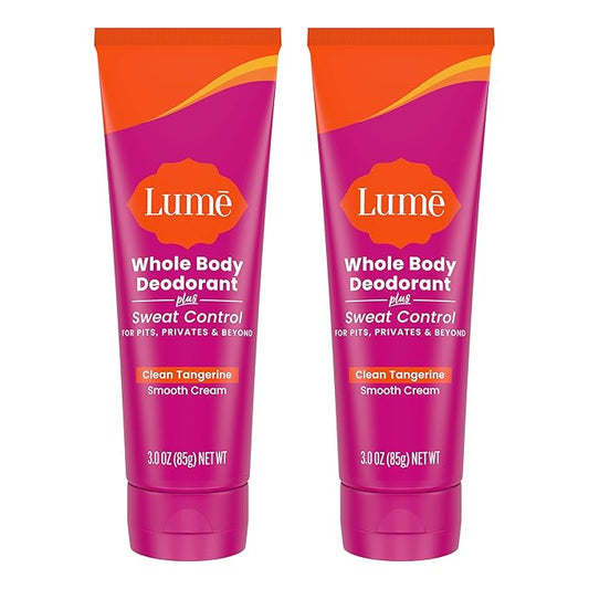 Lume Whole Body Deodorant Plus Sweat Control - Smooth Cream Tube - 72 Hour Odor And Sweat Control - Baking Soda Free, Skin Loving - 3.0 ounce (Pack of 2) (Clean Tangerine)