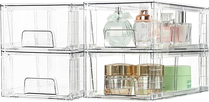 Vtopmart 10 Pack Stackable Storage Drawers,Clear Acrylic Drawer Organizers with Handles, Easily Assemble Containers for Fridge, Bathroom,Kitchen Undersink,Cabinet,Pantry Organization and Storage