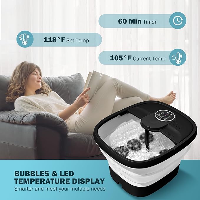 KNQZE Collapsible Foot Spa Electric Foot Bath with Heat, Bubble, Remote, 24 Motorized Shiatsu Massage Balls. Pedicure Soaking tub for Feet Stress Relax (Black)