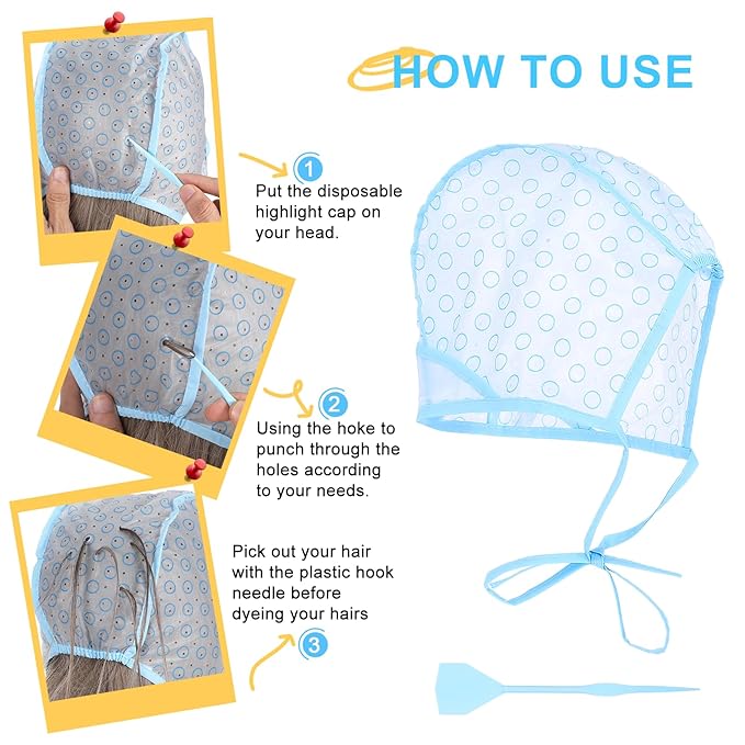 3PCS Highlight Caps For Hair Highlighting Cap Disposable Frosting Caps for Highlighting Hair Dying Highlights Cap With 3 Plastic Crochet Hooks for Dying, Bleach, Salon and DIY Hairdressing(Blue)