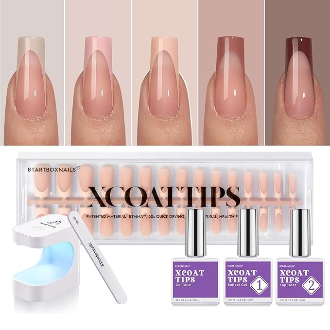 BTArtboxnails XCOATTIPS Nails Press Ons - Skin Tones Press on Nails Square, Long Soft Gel Nail Tips with Nail Gel, French Protecting Duo, Nail Lamp, All in One Fake Nail Extension Kit