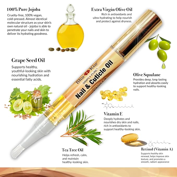Bliss Kiss | 4 Vanilla Fragrance Nail Oil Cuticle Pens w/Vitamin E & Jojoba⏤Nail Strengthener Nail Growth Serum for Brittle Peeling Breaking Thin Nails