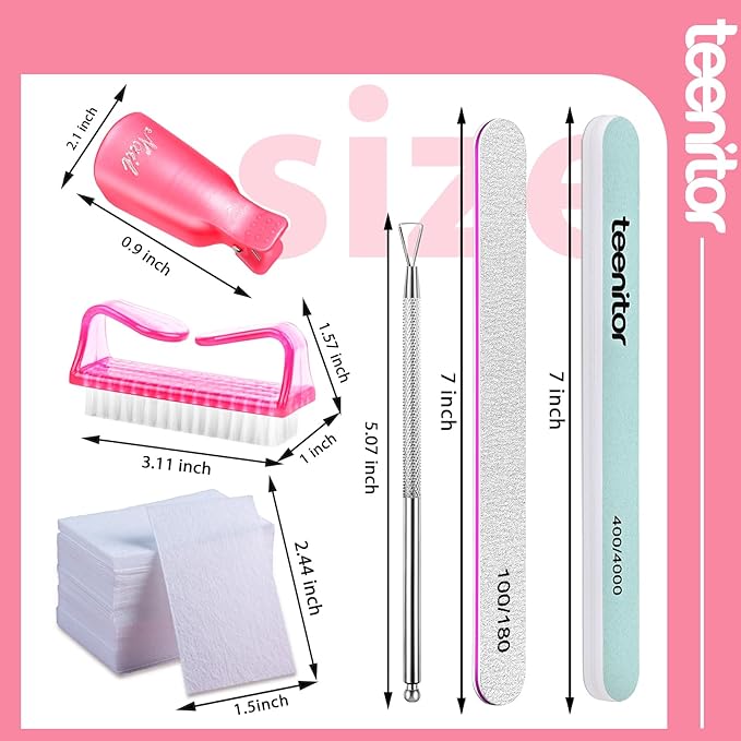 Teenitor Nail Gel Remover Tools Kit with Pink Polish Remover Clips, Cuticle Peeler Scraper, Gel Nail Brush, 115 Pack Nail Wipe Cotton Pads, Nail File Grits 120/180 Buffer Block Grits 400/4000 Rose